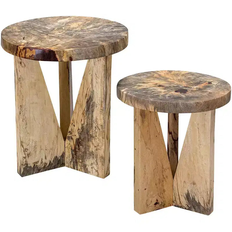  Modern Natural Wood Round Nesting Tables Set of 2 Triangular Legs for Living Room Bedroom Bedside Entryway House Balcony