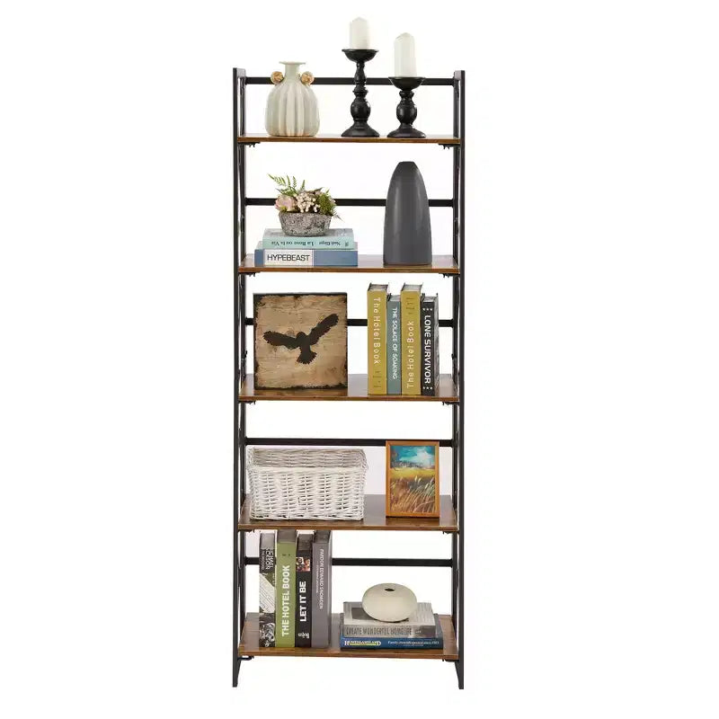 Libreria Pieghevole, Scaffale a 5 Ripiani, Organizer Verticale Industriale per Soggiorno, Marrone/Noce/Marrone Antico