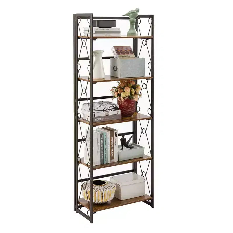 Libreria Pieghevole, Scaffale a 5 Ripiani, Organizer Verticale Industriale per Soggiorno, Marrone/Noce/Marrone Antico