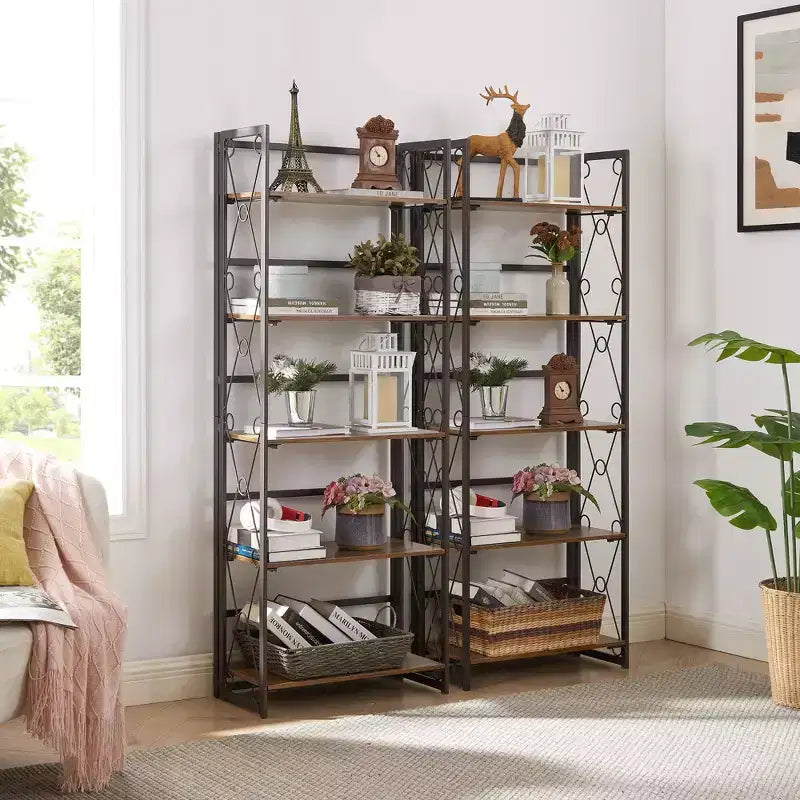 Libreria Pieghevole, Scaffale a 5 Ripiani, Organizer Verticale Industriale per Soggiorno, Marrone/Noce/Marrone Antico