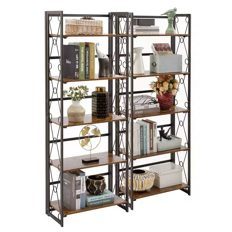 Libreria Pieghevole, Scaffale a 5 Ripiani, Organizer Verticale Industriale per Soggiorno, Marrone/Noce/Marrone Antico