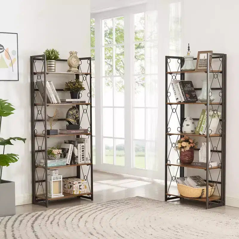 Libreria Pieghevole, Scaffale a 5 Ripiani, Organizer Verticale Industriale per Soggiorno, Marrone/Noce/Marrone Antico