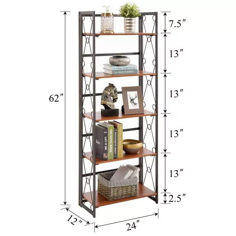 Libreria Pieghevole, Scaffale a 5 Ripiani, Organizer Verticale Industriale per Soggiorno, Marrone/Noce/Marrone Antico