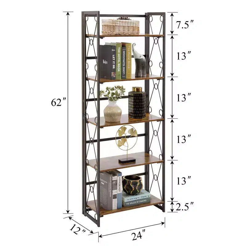 Libreria Pieghevole, Scaffale a 5 Ripiani, Organizer Verticale Industriale per Soggiorno, Marrone/Noce/Marrone Antico