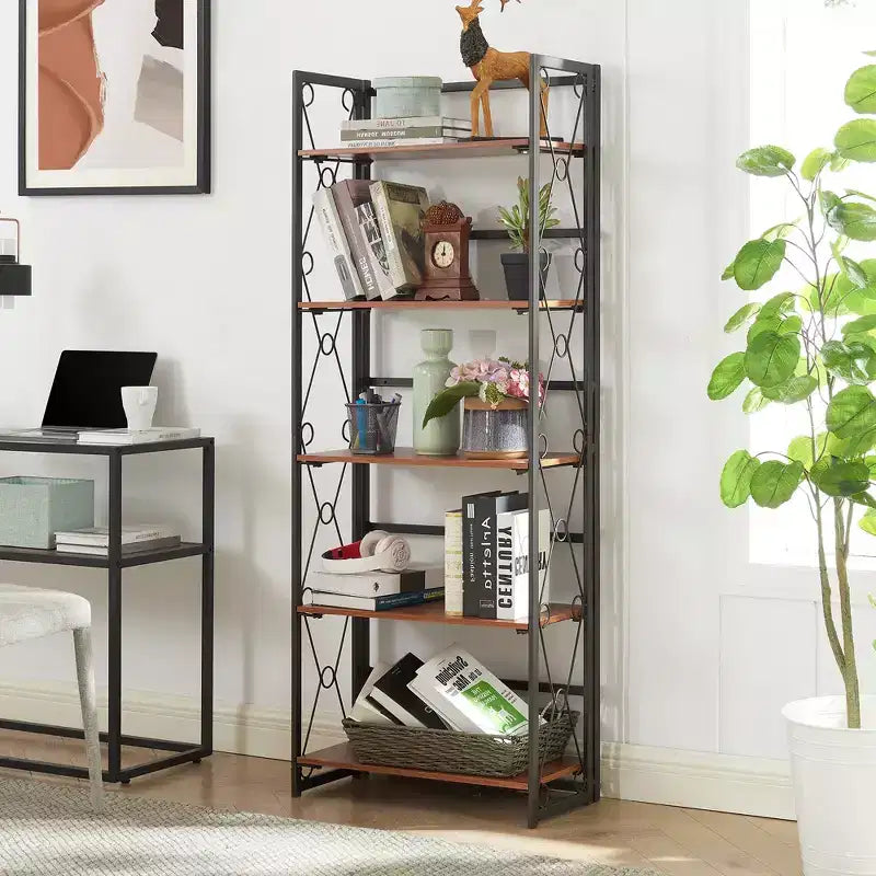 Libreria Pieghevole, Scaffale a 5 Ripiani, Organizer Verticale Industriale per Soggiorno, Marrone/Noce/Marrone Antico