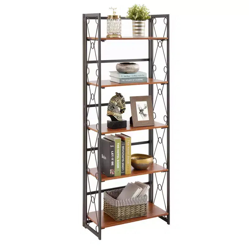 Libreria Pieghevole, Scaffale a 5 Ripiani, Organizer Verticale Industriale per Soggiorno, Marrone/Noce/Marrone Antico