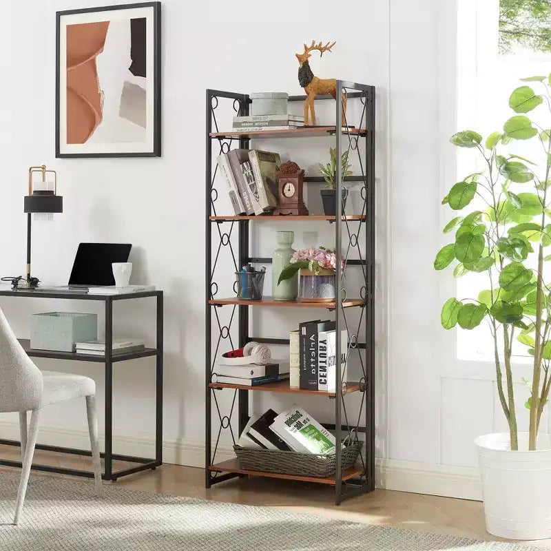Libreria Pieghevole, Scaffale a 5 Ripiani, Organizer Verticale Industriale per Soggiorno, Marrone/Noce/Marrone Antico