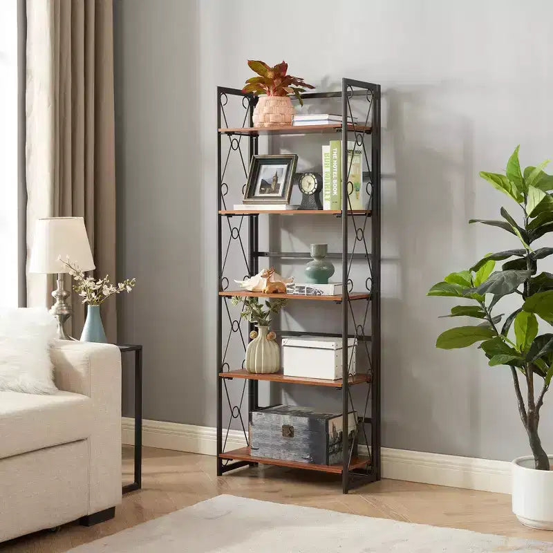 Libreria Pieghevole, Scaffale a 5 Ripiani, Organizer Verticale Industriale per Soggiorno, Marrone/Noce/Marrone Antico