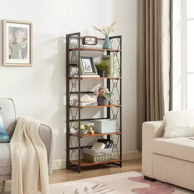 Libreria Pieghevole, Scaffale a 5 Ripiani, Organizer Verticale Industriale per Soggiorno, Marrone/Noce/Marrone Antico