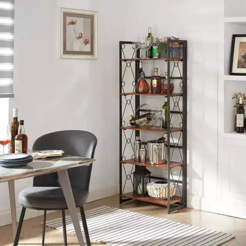 Libreria Pieghevole, Scaffale a 5 Ripiani, Organizer Verticale Industriale per Soggiorno, Marrone/Noce/Marrone Antico