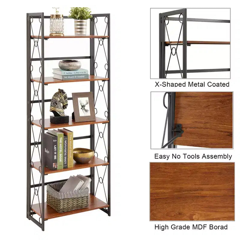 Libreria Pieghevole, Scaffale a 5 Ripiani, Organizer Verticale Industriale per Soggiorno, Marrone/Noce/Marrone Antico