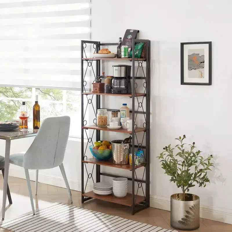 Libreria Pieghevole, Scaffale a 5 Ripiani, Organizer Verticale Industriale per Soggiorno, Marrone/Noce/Marrone Antico