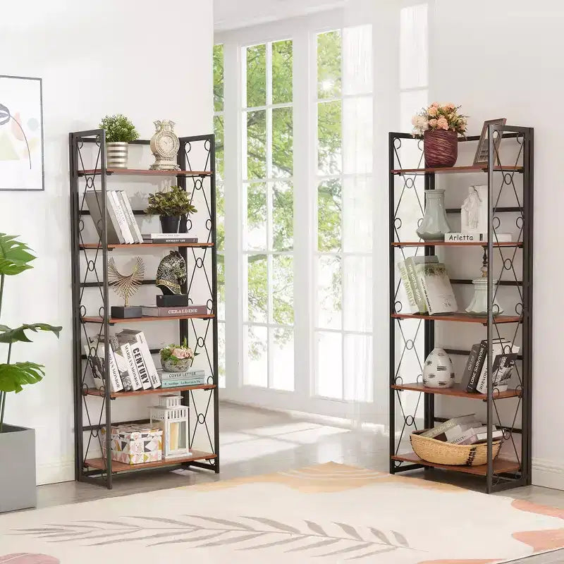Libreria Pieghevole, Scaffale a 5 Ripiani, Organizer Verticale Industriale per Soggiorno, Marrone/Noce/Marrone Antico