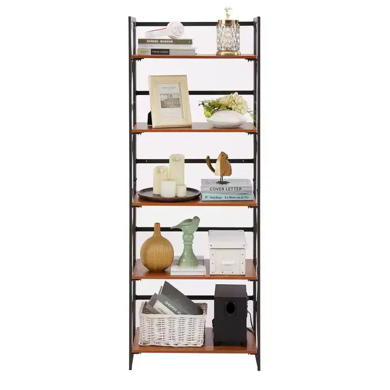 Libreria Pieghevole, Scaffale a 5 Ripiani, Organizer Verticale Industriale per Soggiorno, Marrone/Noce/Marrone Antico