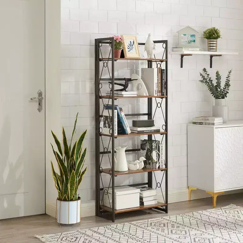 Libreria Pieghevole, Scaffale a 5 Ripiani, Organizer Verticale Industriale per Soggiorno, Marrone/Noce/Marrone Antico