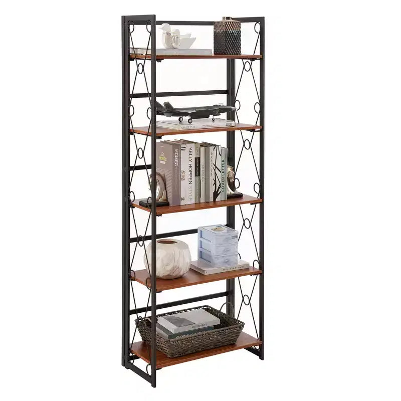 Libreria Pieghevole, Scaffale a 5 Ripiani, Organizer Verticale Industriale per Soggiorno, Marrone/Noce/Marrone Antico