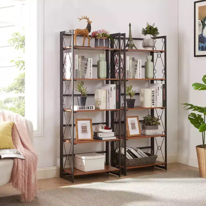 Libreria Pieghevole, Scaffale a 5 Ripiani, Organizer Verticale Industriale per Soggiorno, Marrone/Noce/Marrone Antico