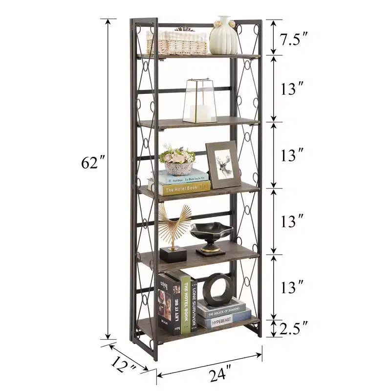 Libreria Pieghevole, Scaffale a 5 Ripiani, Organizer Verticale Industriale per Soggiorno, Marrone/Noce/Marrone Antico