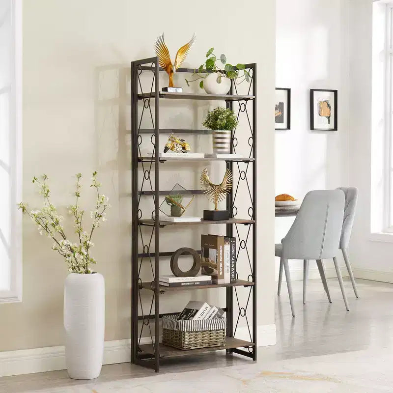 Libreria Pieghevole, Scaffale a 5 Ripiani, Organizer Verticale Industriale per Soggiorno, Marrone/Noce/Marrone Antico