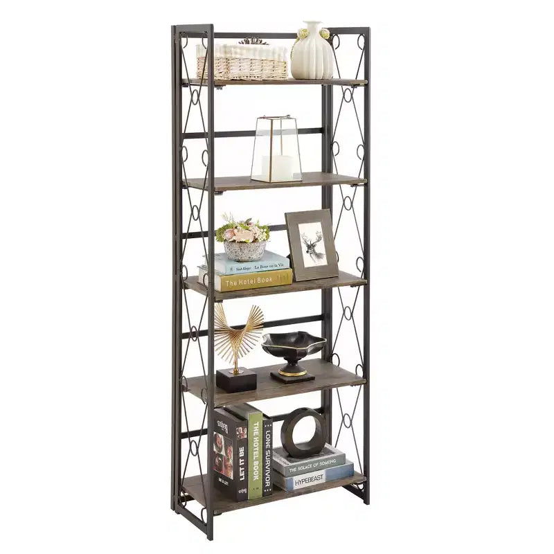 Libreria Pieghevole, Scaffale a 5 Ripiani, Organizer Verticale Industriale per Soggiorno, Marrone/Noce/Marrone Antico