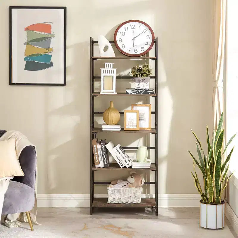 Libreria Pieghevole, Scaffale a 5 Ripiani, Organizer Verticale Industriale per Soggiorno, Marrone/Noce/Marrone Antico