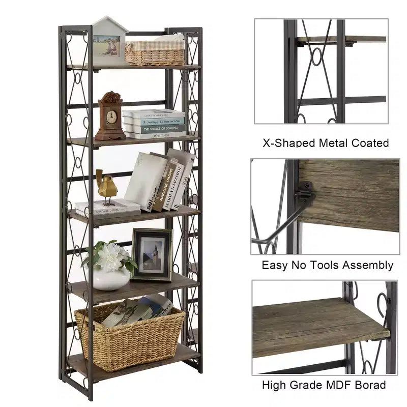 Libreria Pieghevole, Scaffale a 5 Ripiani, Organizer Verticale Industriale per Soggiorno, Marrone/Noce/Marrone Antico