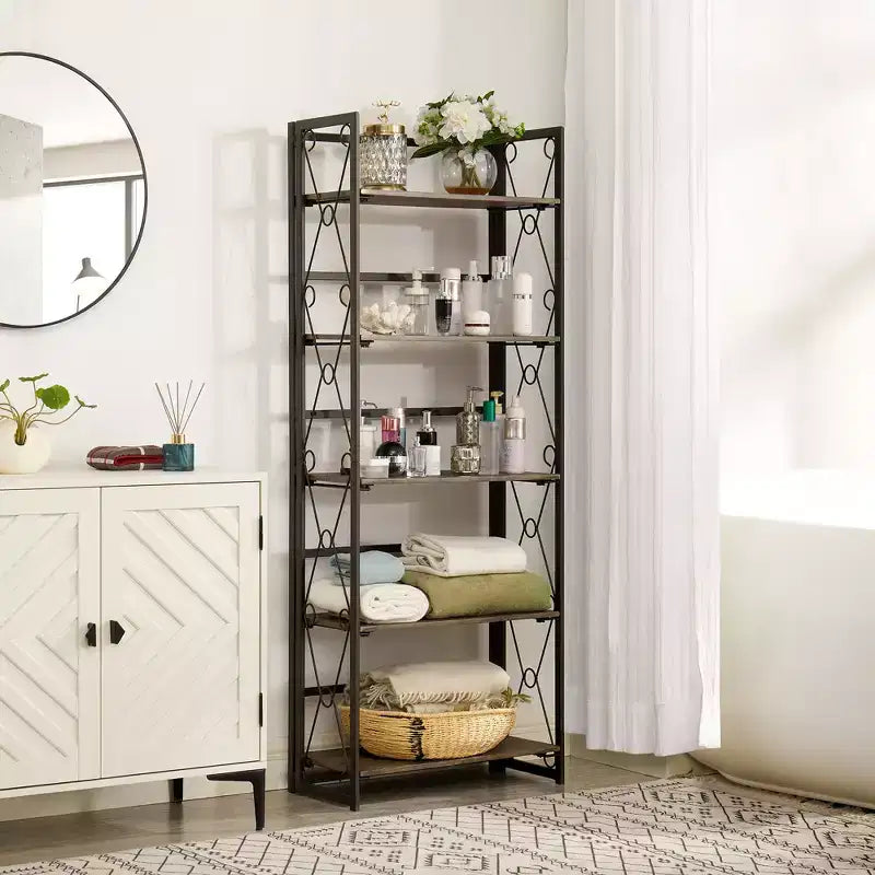 Libreria Pieghevole, Scaffale a 5 Ripiani, Organizer Verticale Industriale per Soggiorno, Marrone/Noce/Marrone Antico