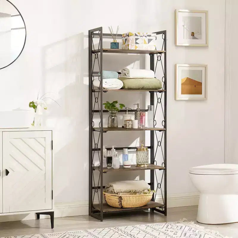 Libreria Pieghevole, Scaffale a 5 Ripiani, Organizer Verticale Industriale per Soggiorno, Marrone/Noce/Marrone Antico