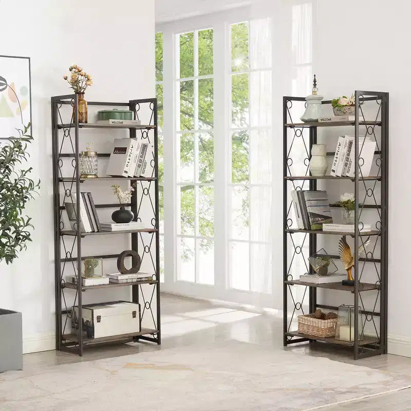 Libreria Pieghevole, Scaffale a 5 Ripiani, Organizer Verticale Industriale per Soggiorno, Marrone/Noce/Marrone Antico