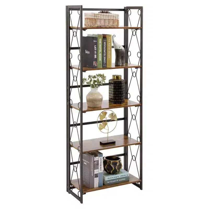 Libreria Pieghevole, Scaffale a 5 Ripiani, Organizer Verticale Industriale per Soggiorno, Marrone/Noce/Marrone Antico
