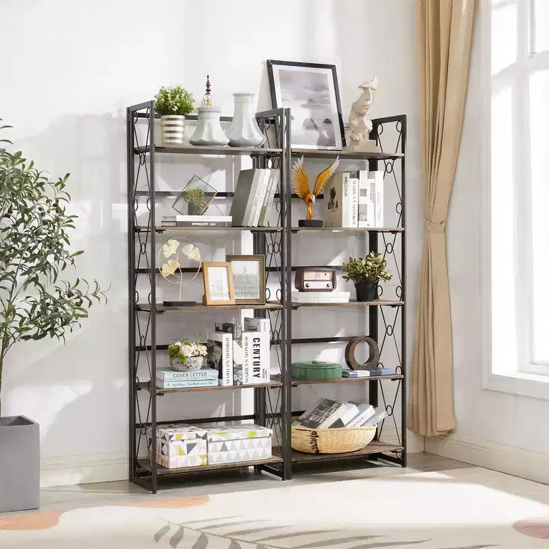 Libreria Pieghevole, Scaffale a 5 Ripiani, Organizer Verticale Industriale per Soggiorno, Marrone/Noce/Marrone Antico