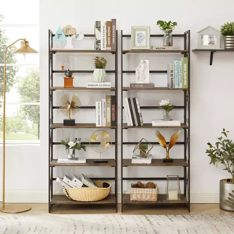Libreria Pieghevole, Scaffale a 5 Ripiani, Organizer Verticale Industriale per Soggiorno, Marrone/Noce/Marrone Antico