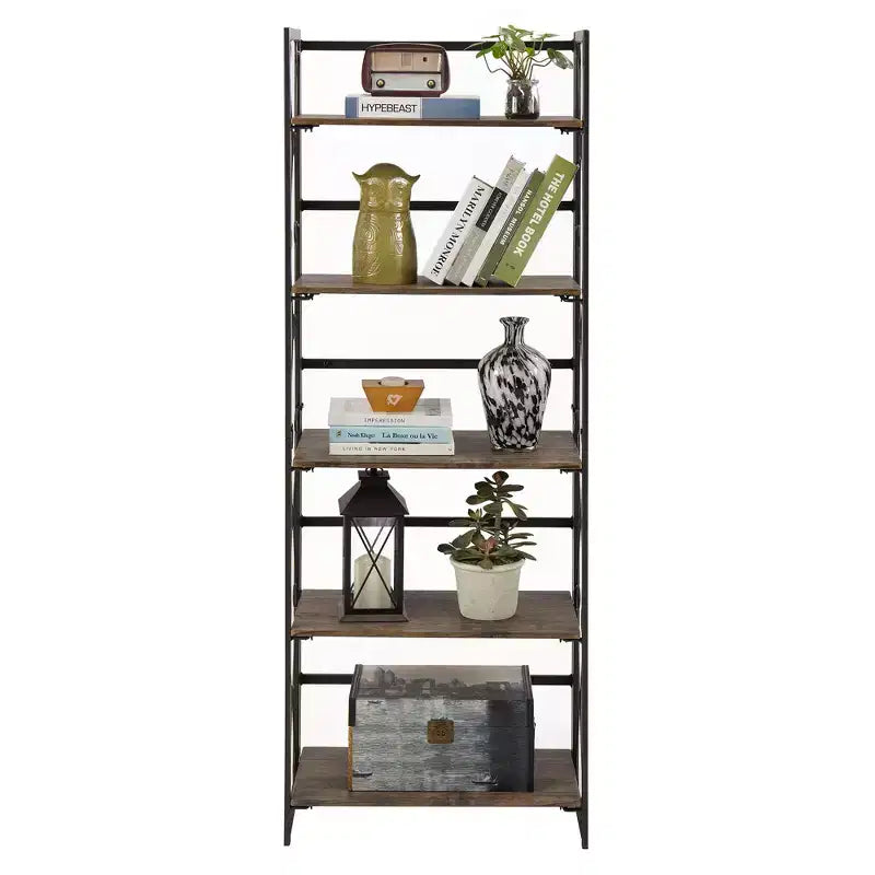 Libreria Pieghevole, Scaffale a 5 Ripiani, Organizer Verticale Industriale per Soggiorno, Marrone/Noce/Marrone Antico