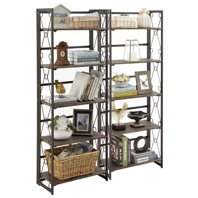 Libreria Pieghevole, Scaffale a 5 Ripiani, Organizer Verticale Industriale per Soggiorno, Marrone/Noce/Marrone Antico