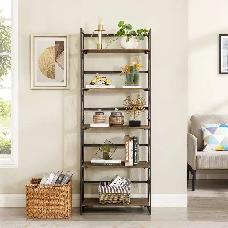 Libreria Pieghevole, Scaffale a 5 Ripiani, Organizer Verticale Industriale per Soggiorno, Marrone/Noce/Marrone Antico