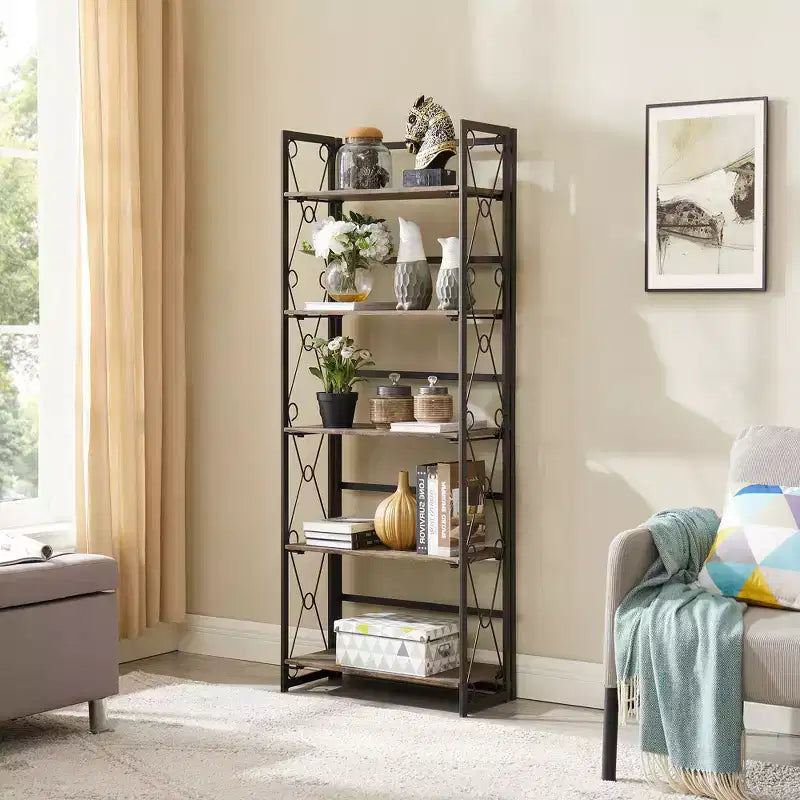 Libreria Pieghevole, Scaffale a 5 Ripiani, Organizer Verticale Industriale per Soggiorno, Marrone/Noce/Marrone Antico