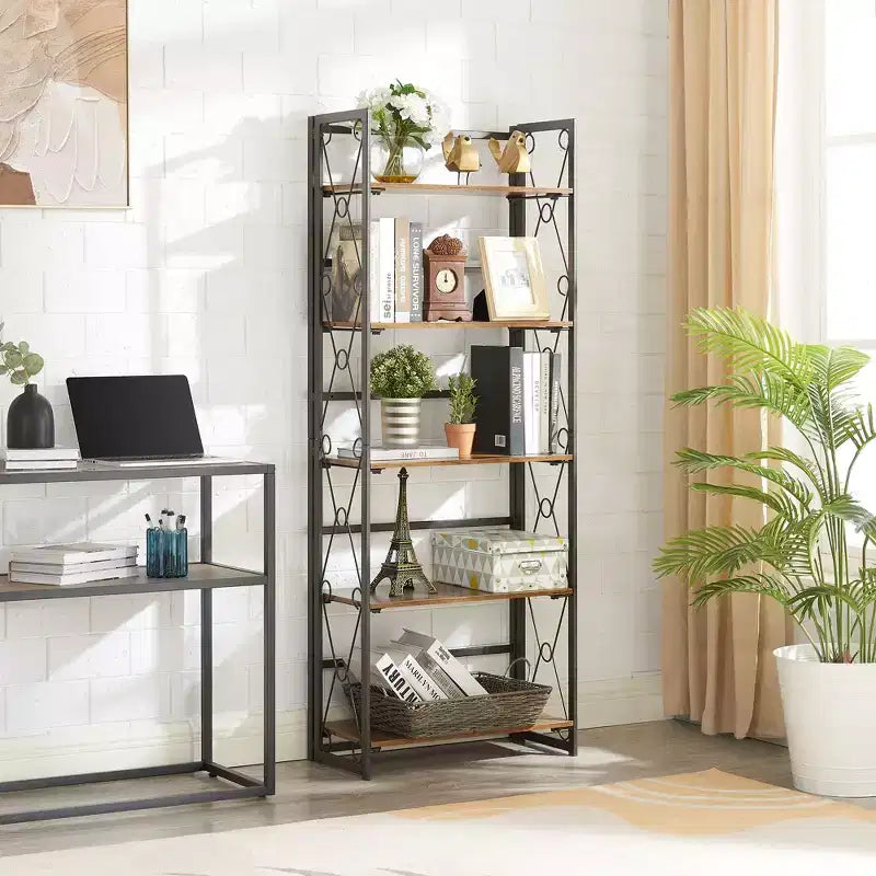 Libreria Pieghevole, Scaffale a 5 Ripiani, Organizer Verticale Industriale per Soggiorno, Marrone/Noce/Marrone Antico