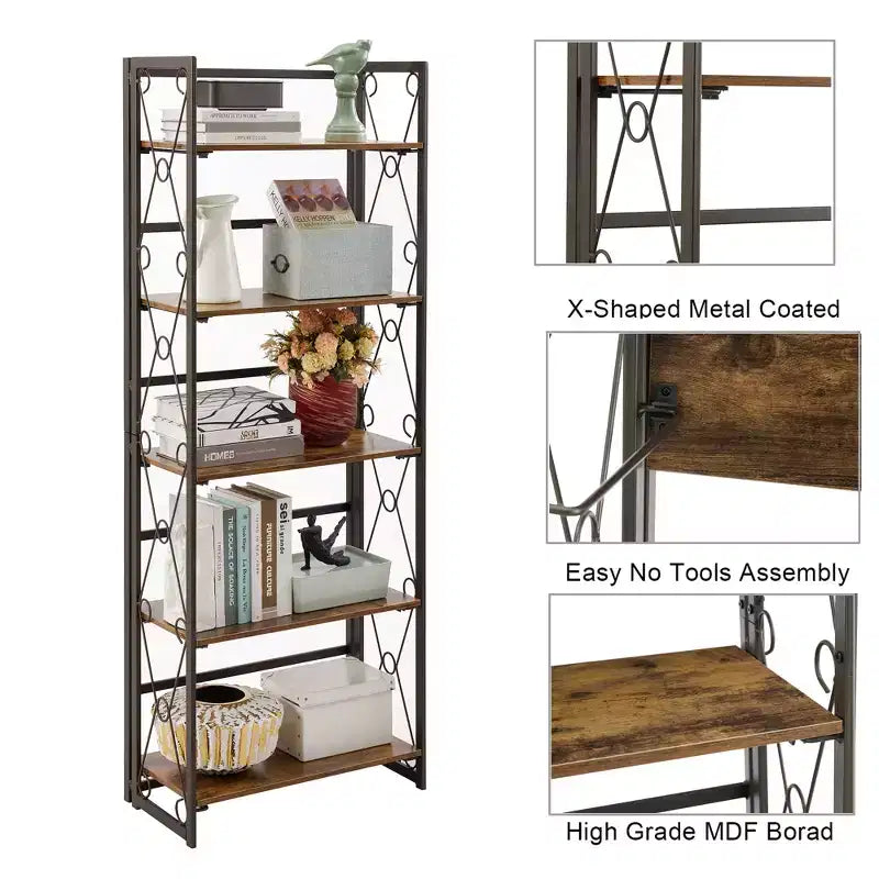 Libreria Pieghevole, Scaffale a 5 Ripiani, Organizer Verticale Industriale per Soggiorno, Marrone/Noce/Marrone Antico