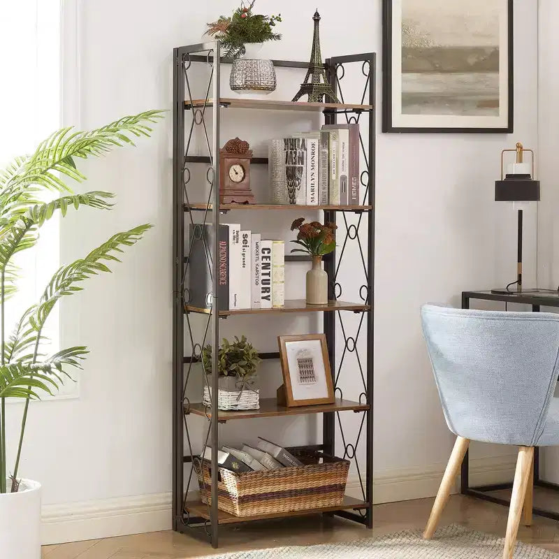 Libreria Pieghevole, Scaffale a 5 Ripiani, Organizer Verticale Industriale per Soggiorno, Marrone/Noce/Marrone Antico