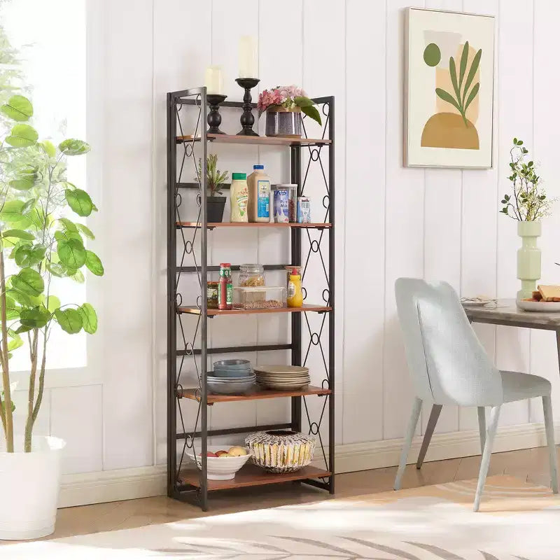 Libreria Pieghevole, Scaffale a 5 Ripiani, Organizer Verticale Industriale per Soggiorno, Marrone/Noce/Marrone Antico