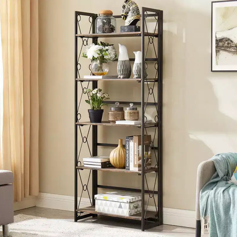  Folding Bookshelf, 5-Tier Bookcase, Industrial Tall Book Shelf Storage Organizer for Living Room, Brown/Walnut/Antique Brown