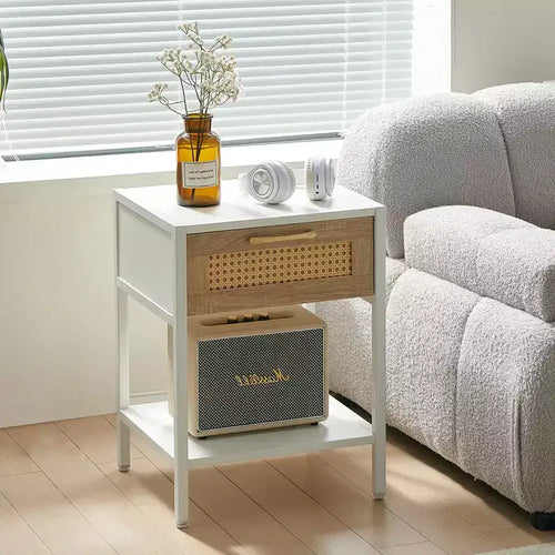  15.74 Rattan End table with drawer, Modern nightstand, metal legs,side table for living room, bedroom, White