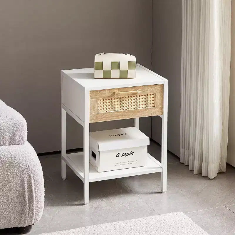 Tavolino finale in Rattan da 40 cm con cassetto, Comodino moderno, gambe in metallo, tavolino laterale per soggiorno, camera da letto, Bianco