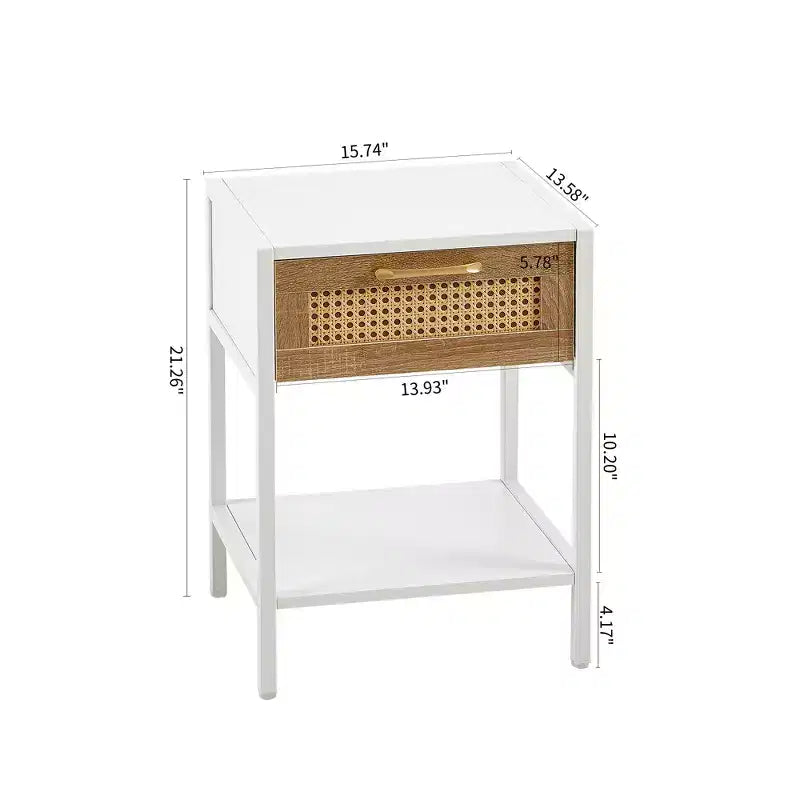 Tavolino finale in Rattan da 40 cm con cassetto, Comodino moderno, gambe in metallo, tavolino laterale per soggiorno, camera da letto, Bianco