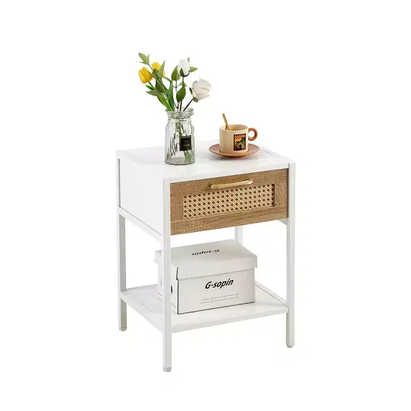 Tavolino finale in Rattan da 40 cm con cassetto, Comodino moderno, gambe in metallo, tavolino laterale per soggiorno, camera da letto, Bianco