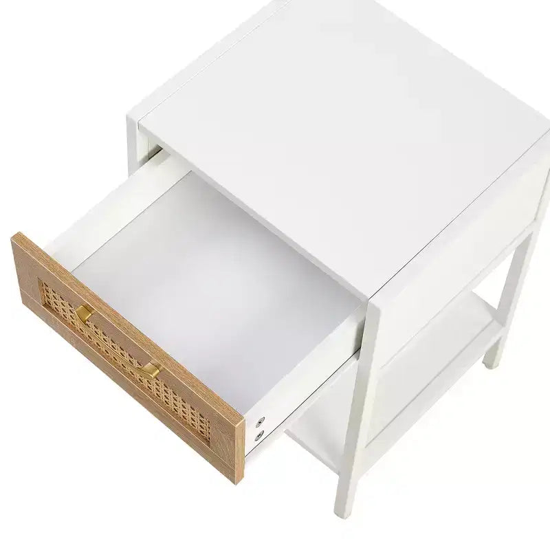 Tavolino finale in Rattan da 40 cm con cassetto, Comodino moderno, gambe in metallo, tavolino laterale per soggiorno, camera da letto, Bianco