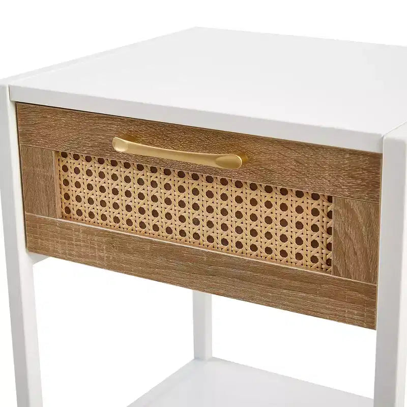 Tavolino finale in Rattan da 40 cm con cassetto, Comodino moderno, gambe in metallo, tavolino laterale per soggiorno, camera da letto, Bianco