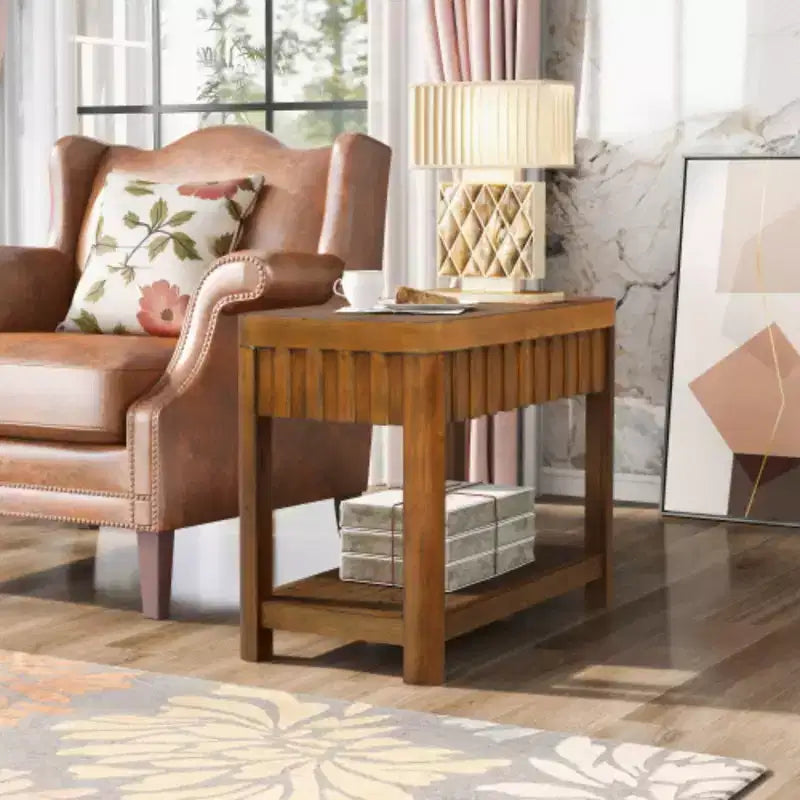 Rectangular  End Table with Storage Shelf, Sofa Side Table with Solid Wood Legs for Living Room, Bedroom, Office, Walnut