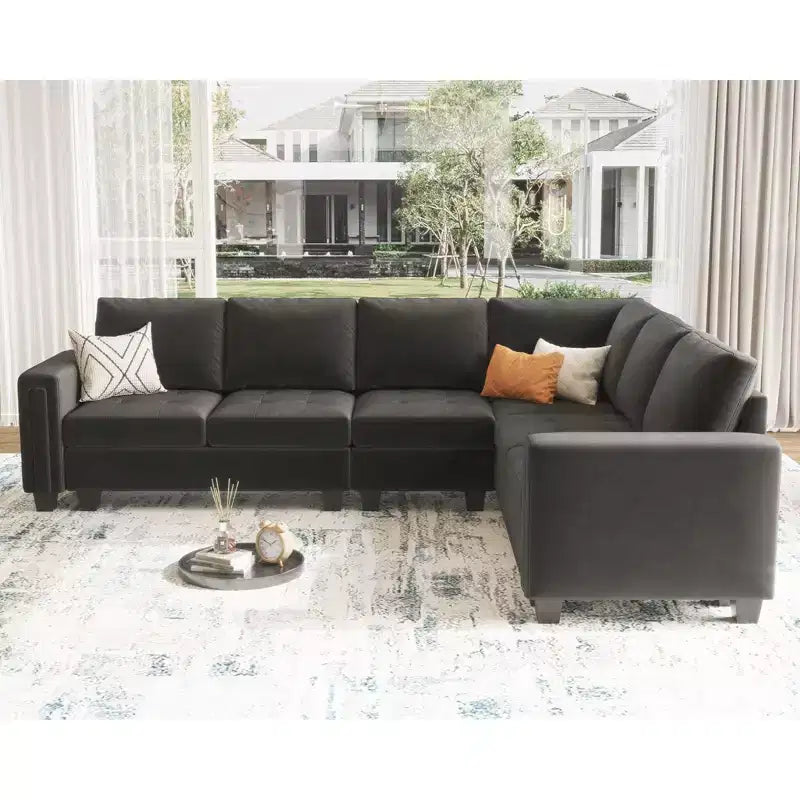  Modular Velvet Tufted L Shaped Sofa Couch with Storage Ottoman 6-Seater