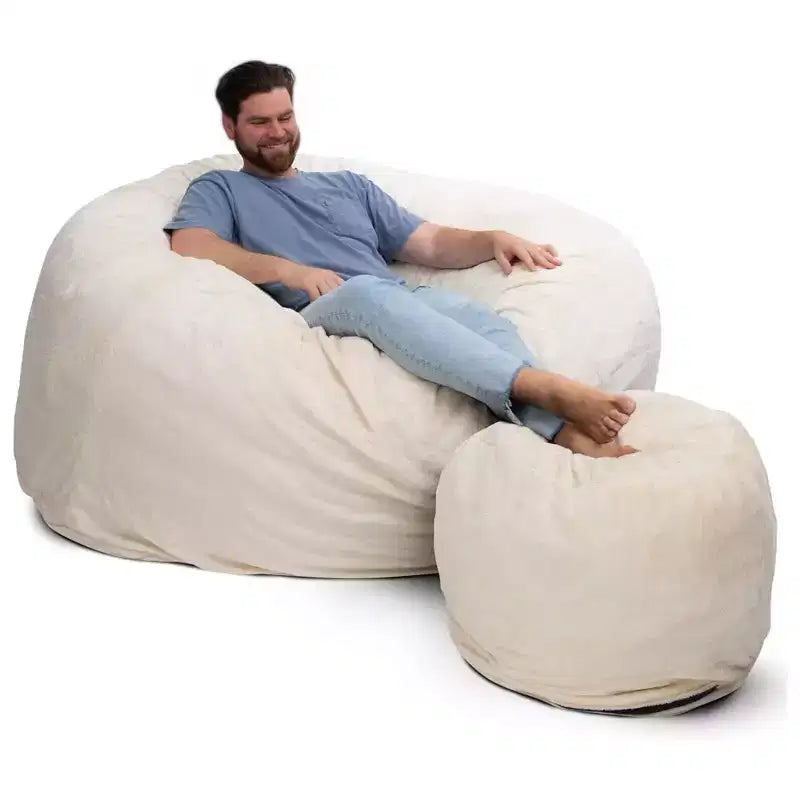  6ft Bean Bag Chair and Footstool, Oversized Lounger, Ivory Fur
